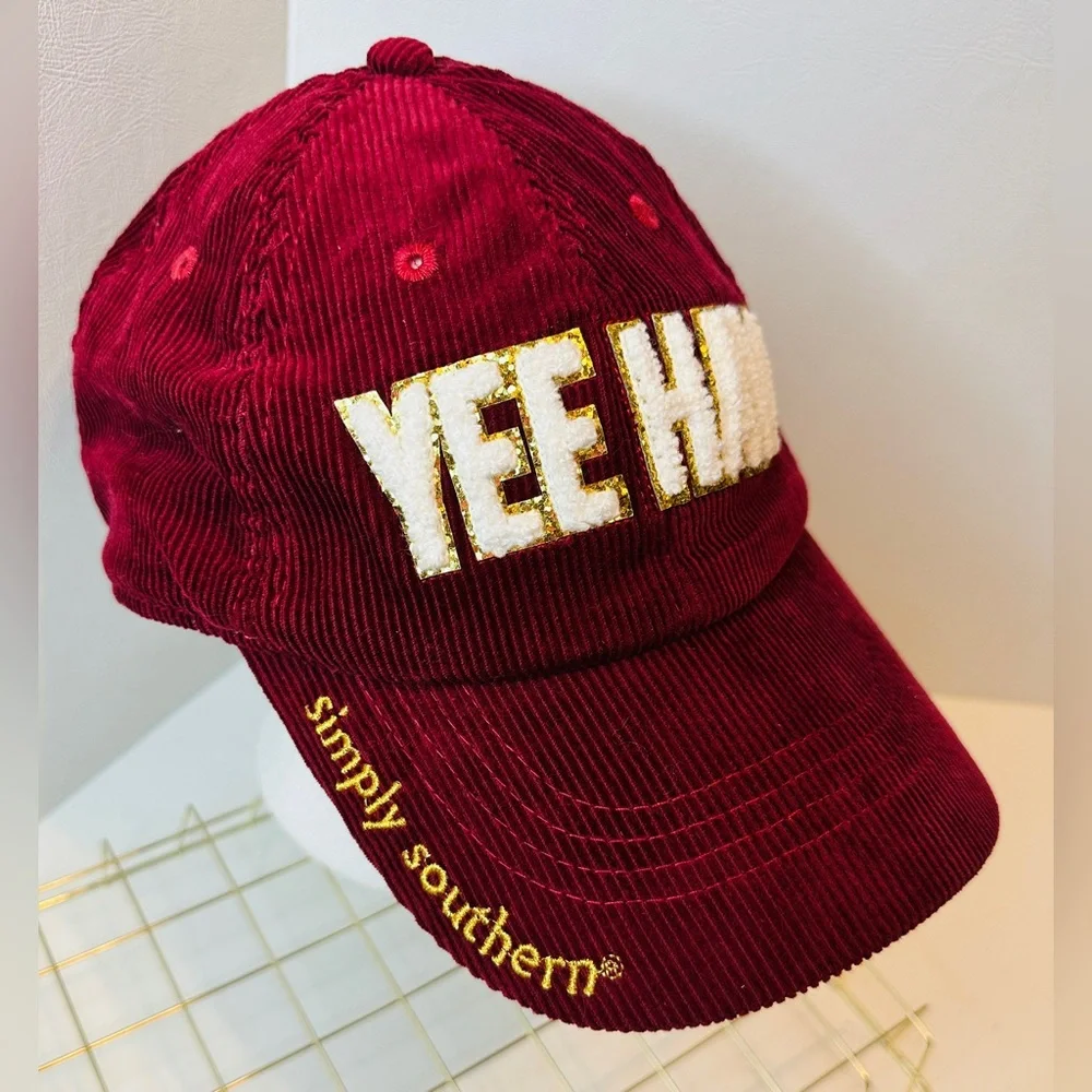 Simply Southern Burgundy Dark Red Corduroy YEE HAW Adjustable Baseball Cap Hat